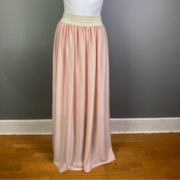 Siren Summer pink satin skirt medium Tahari NWT crochet maxi princess Grecian - Picture 2 of 11